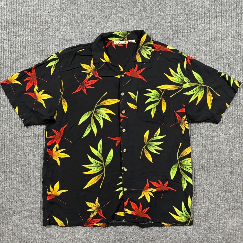 Vintage Sun Casuals Mens Hawaiian Button Up Shirt XL Black Rayon Tropical Floral